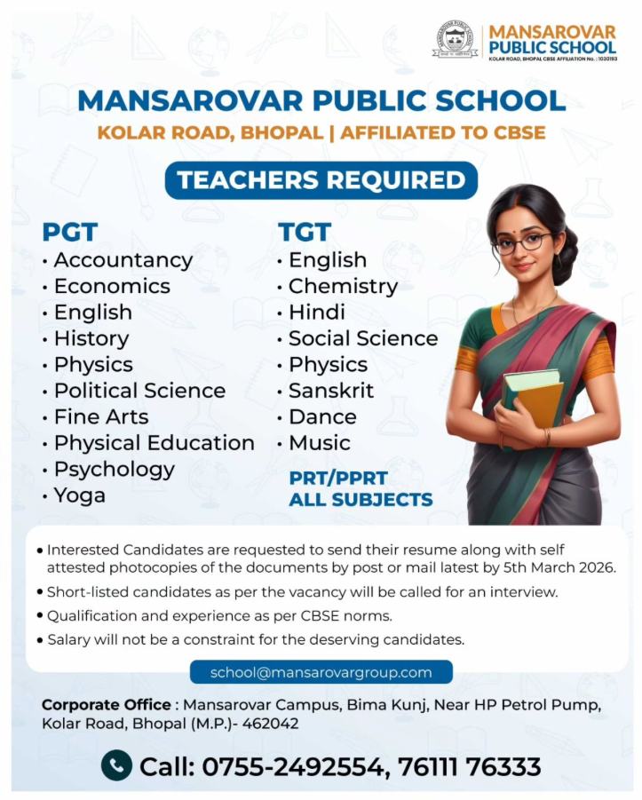 Mansarovar Public School Bhopal Recruitment 2026