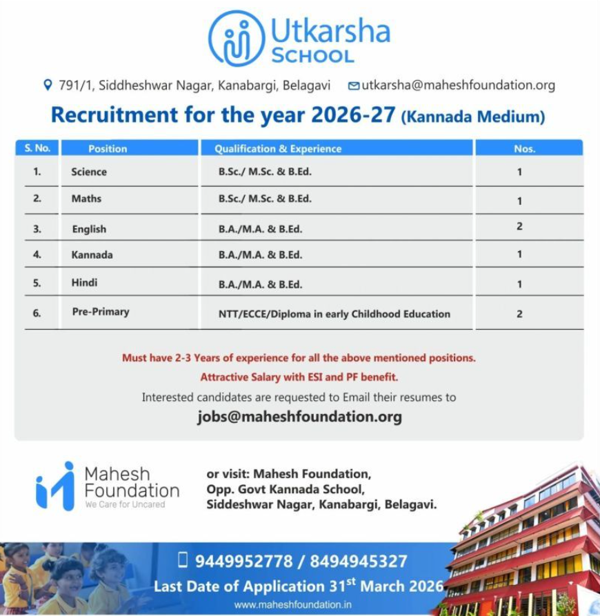 English & Pre-Primary Vacancies at Utkarsha School