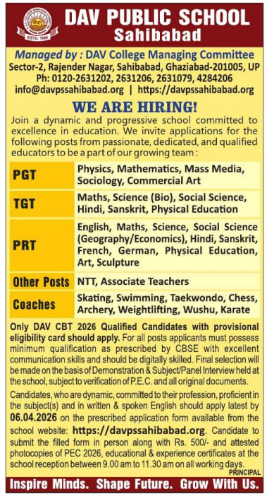 PRT and Coaches Vacancies at DAV Public School Sahibabad