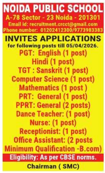 PRT and Office Vacancies at Noida Public School