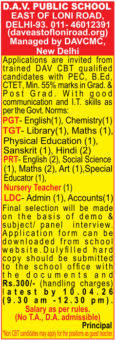 PRT and Nursery Teacher Vacancies at DAV Public School East of Loni Road