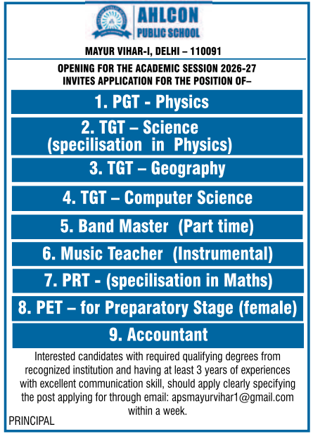 PRT and Staff Vacancies at Ahlcon Public School Mayur Vihar