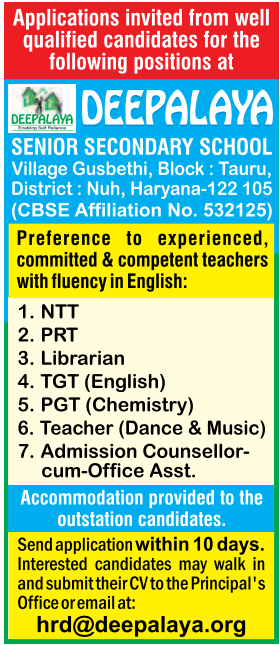 TGT and Staff Vacancies at Deepalaya Senior Secondary School Nuh