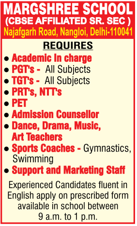 PRT and Academic Incharge Vacancies at Margshree School Nangloi