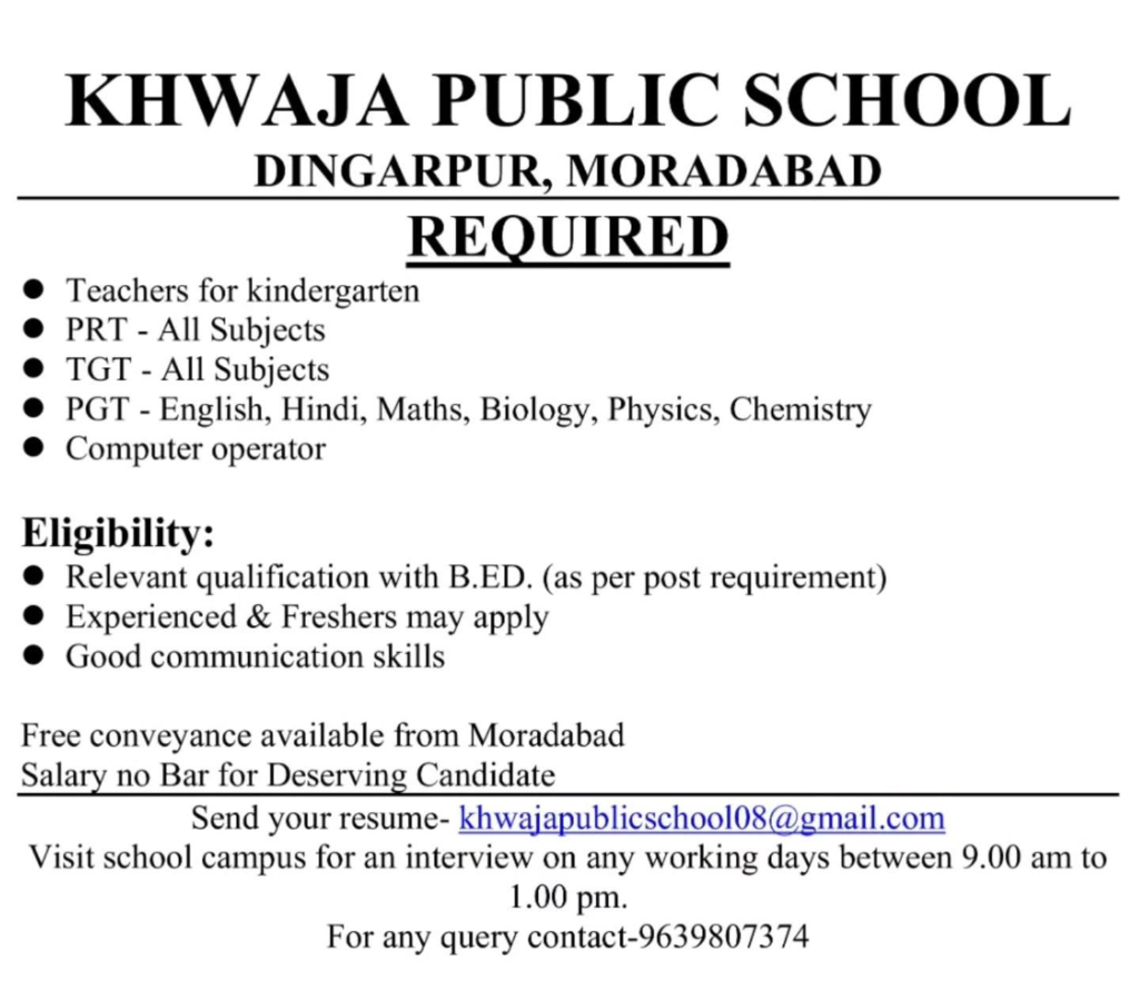 Khwaja Public School Moradabad Recruitment 2026