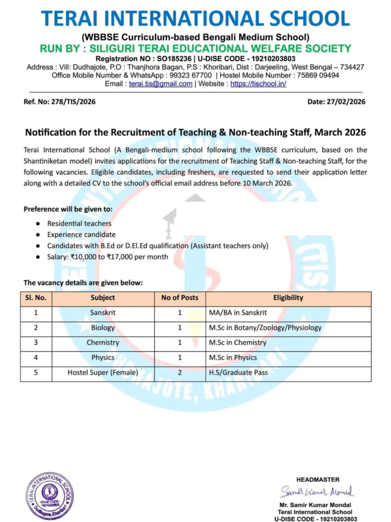 Terai International School Darjeeling Recruitment 2026