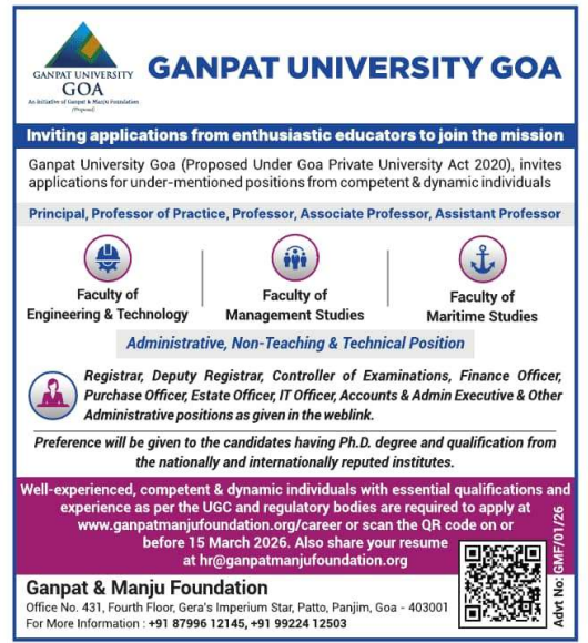 Faculty Recruitment 2026 at Ganpat University Goa