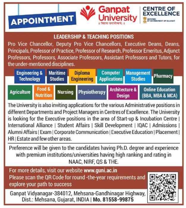 Ganpat University Gujarat Faculty Jobs 2026