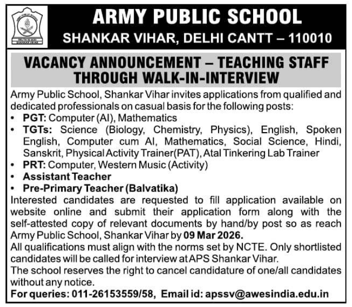 Army Public School Shankar Vihar Delhi Teaching Jobs 2026