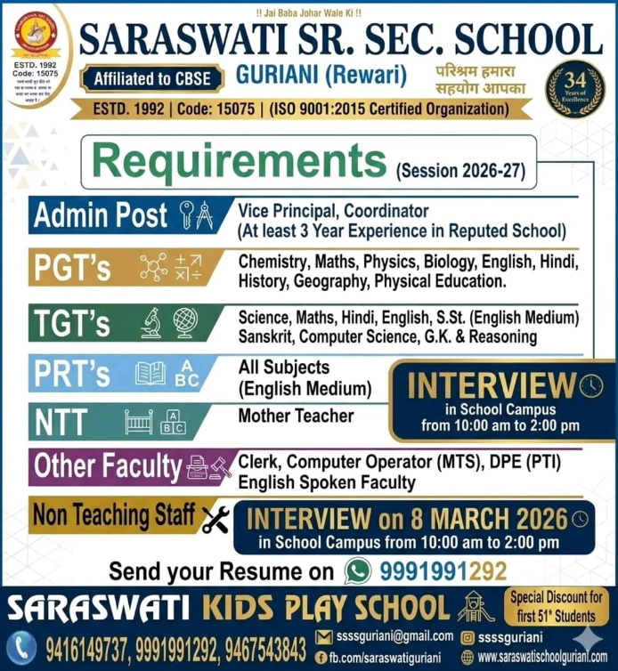 Saraswati Sr. Sec. School Teaching Jobs 2026 in Rewari