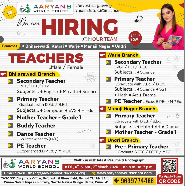 Aaryans World School Teaching Jobs 2026 in Pune