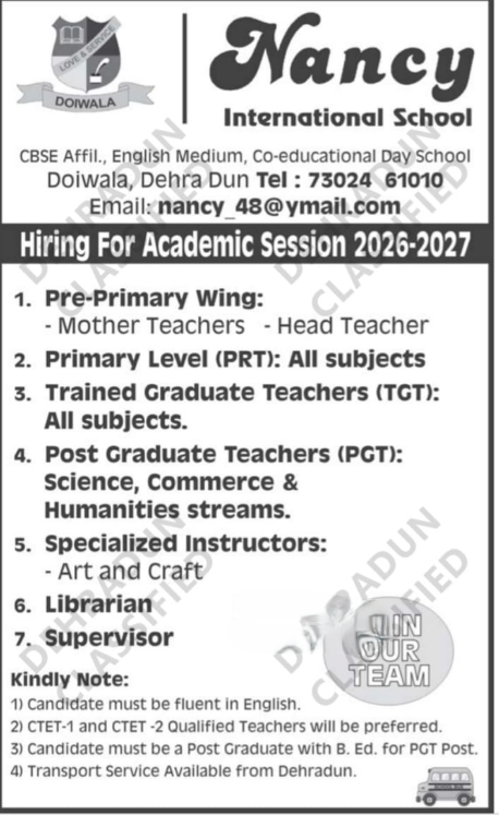 Nancy International School Teaching Jobs 2026 in Dehradun