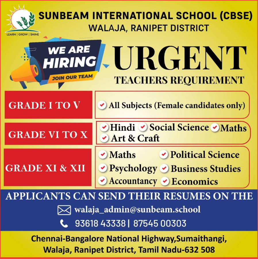 Sunbeam International School Walaja Recruitment 2026