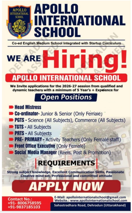 Apollo International School Teaching Jobs 2026 in Dehradun