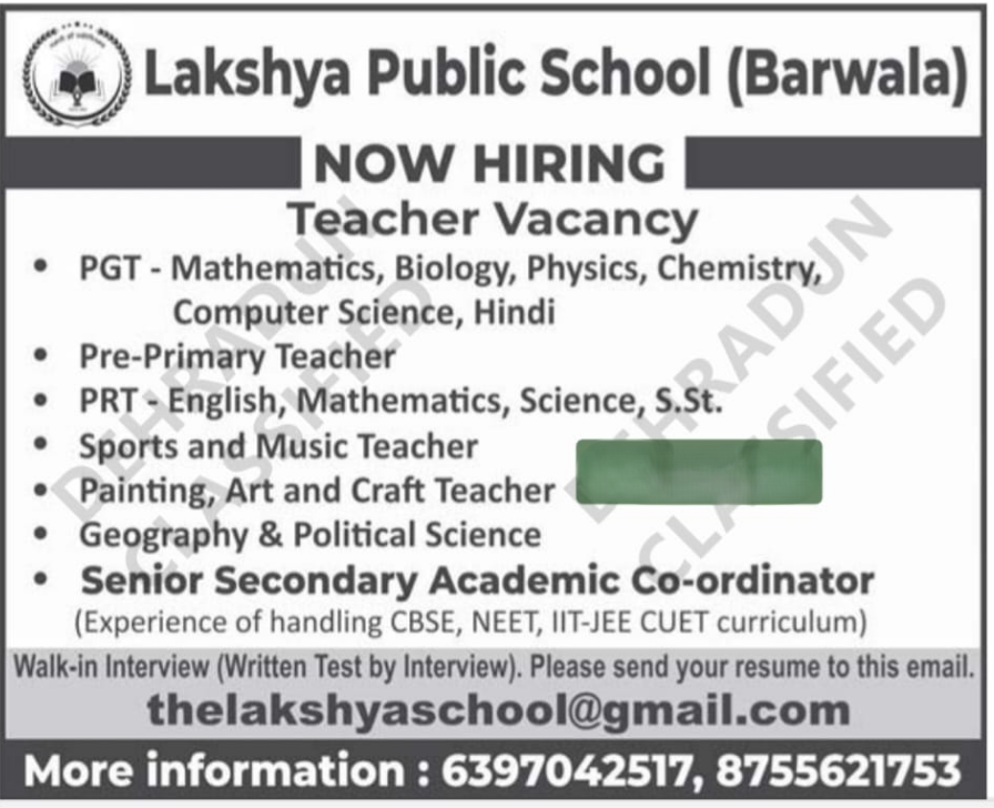 Lakshya Public School Barwala Teaching Jobs 2026