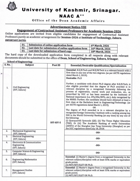 University of Kashmir Srinagar Assistant Professor Recruitment 2026