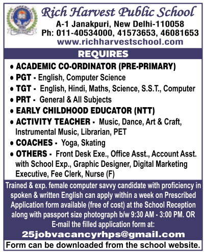 Rich Harvest Public School Janakpuri Delhi Teacher Recruitment 2026