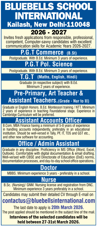 Bluebells School International Kailash Delhi Recruitment 2026