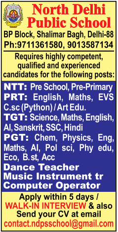 North Delhi Public School Shalimar Bagh Recruitment 2026