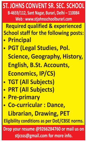 St. Johns Convent Sr. Sec. School Burari Delhi Recruitment 2026