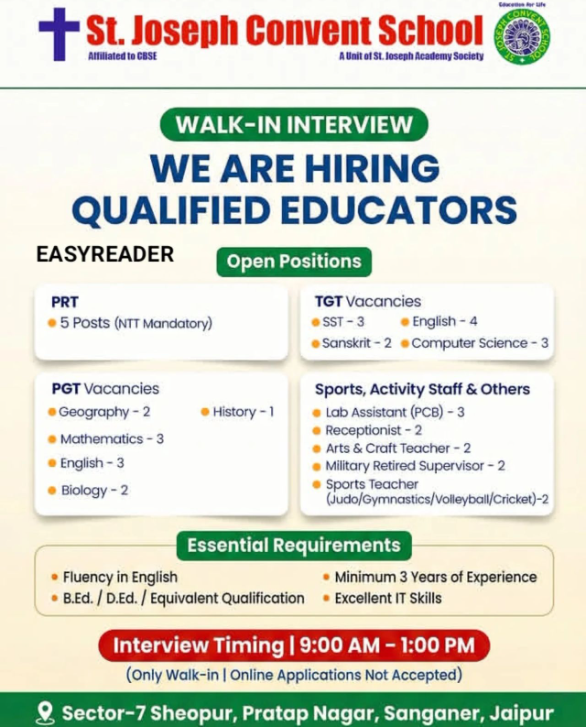 St. Joseph Convent School Jaipur Teacher Recruitment 2026