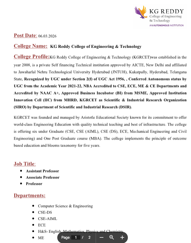 KG Reddy College of Engineering & Technology Hyderabad Faculty Recruitment 2026