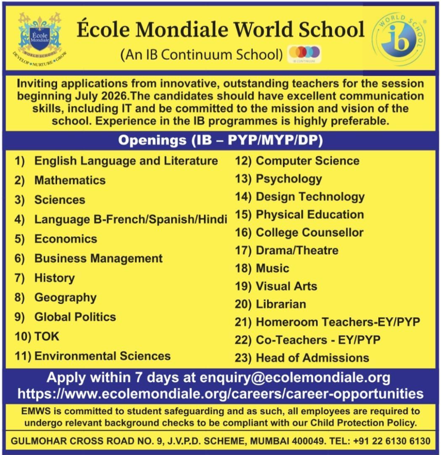 École Mondiale World School Mumbai Teacher Recruitment 2026