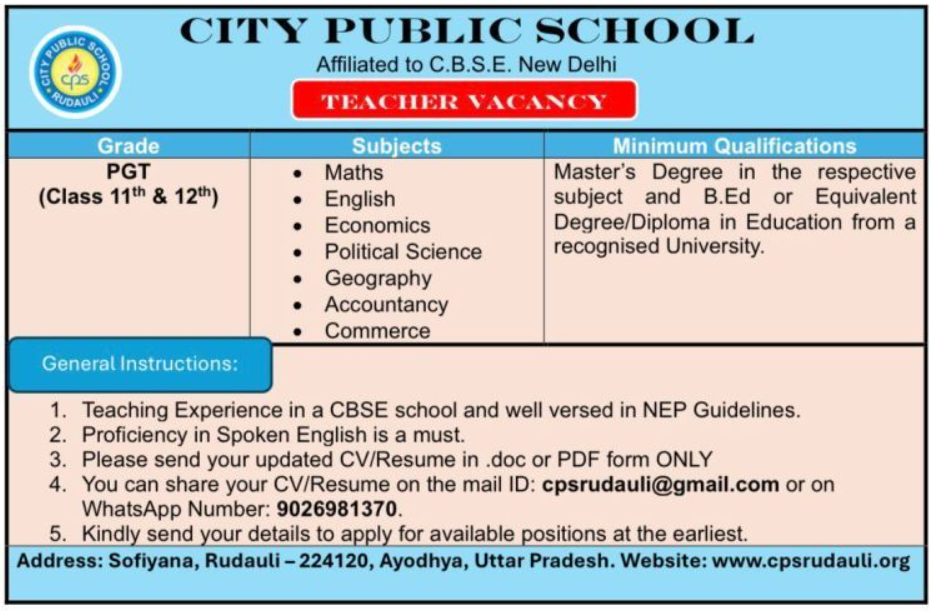 City Public School Rudauli Ayodhya Teacher Recruitment 2026