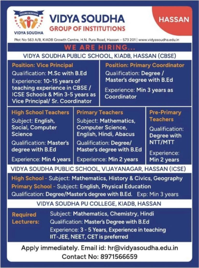 Vidya Soudha Group of Institutions Hassan Recruitment 2026