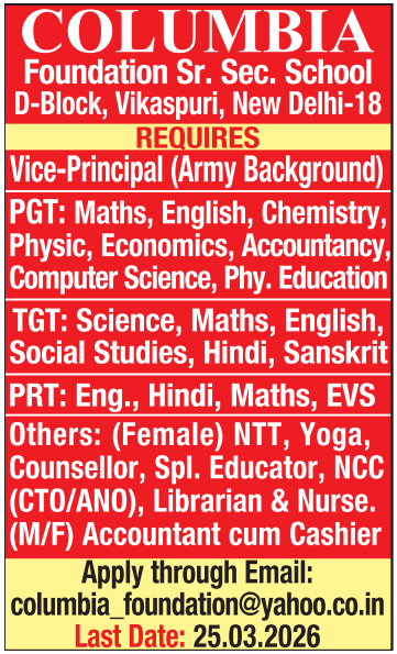 Columbia Foundation Sr. Sec. School Vikaspuri Delhi Recruitment 2026