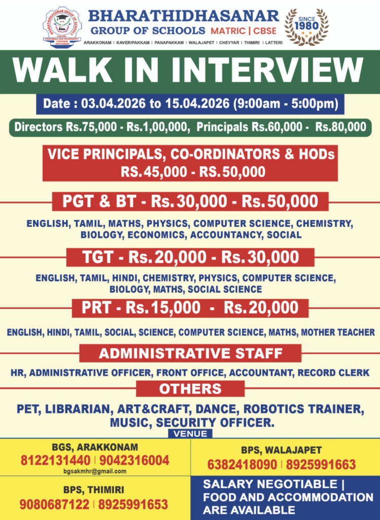 Bharathidhasanar Group of Schools Teaching and Administrative Jobs in Tamil Nadu