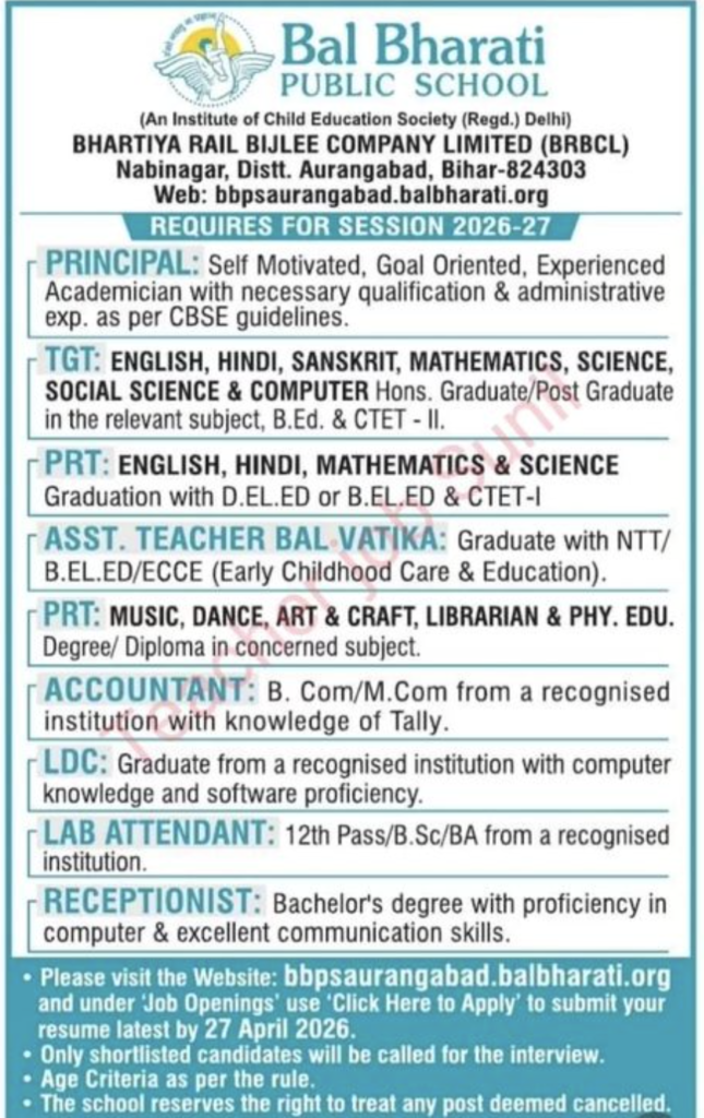 Teaching and Non-Teaching Jobs at Bal Bharati Public School (BRBCL) Aurangabad
