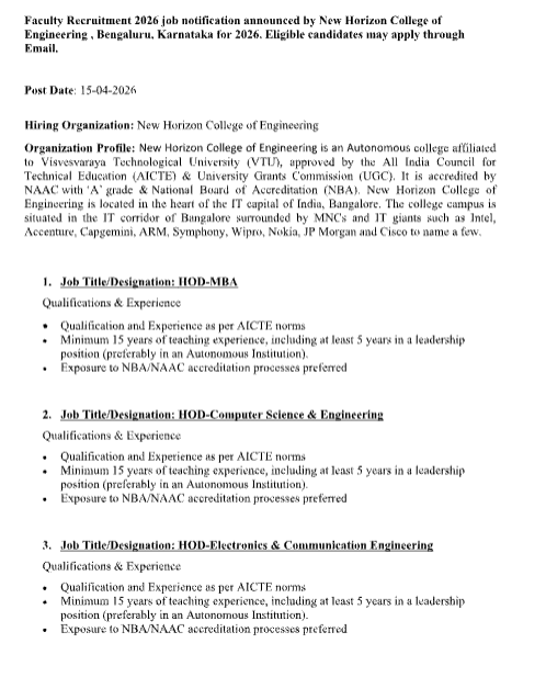 Associate Head IQAC & Assistant Professor Vacancies at New Horizon College of Engineering Bengaluru 2026