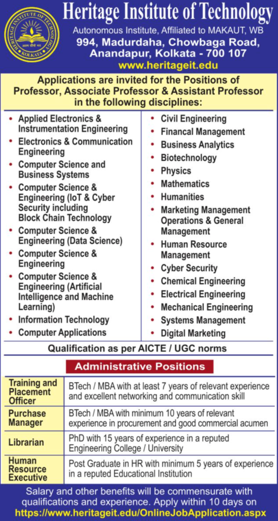 Associate Professor and Professor Jobs at Heritage Institute of Technology Kolkata 2026