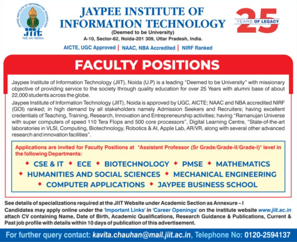Assistant Professor Jobs at Jaypee Institute of Information Technology Noida 2026