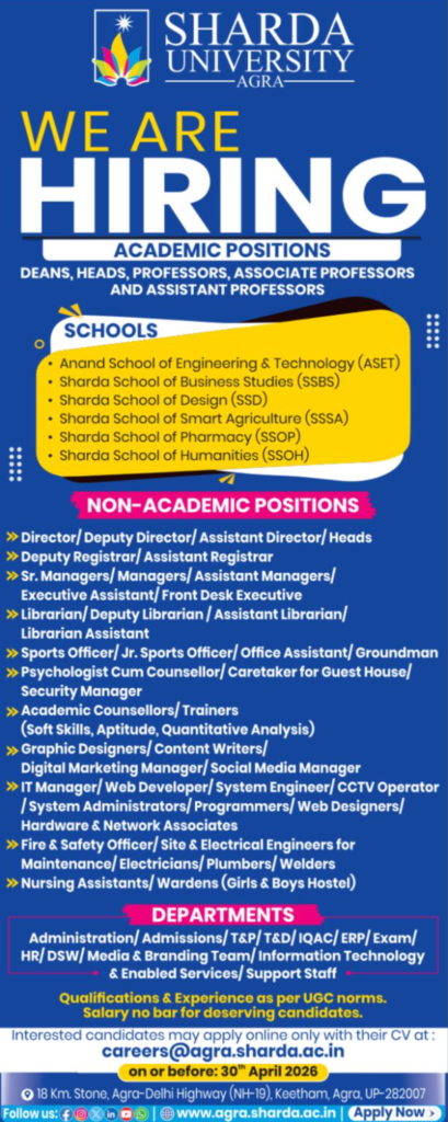 Sharda University Agra Jobs 2026