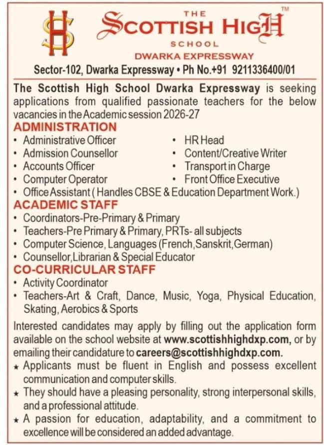 PRT Coordinators and Staff Vacancies at The Scottish High School Dwarka Expressway