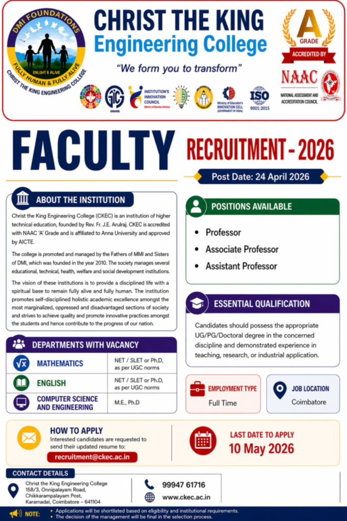Associate Professor and Professor Jobs at Christ The King Engineering College Coimbatore 2026