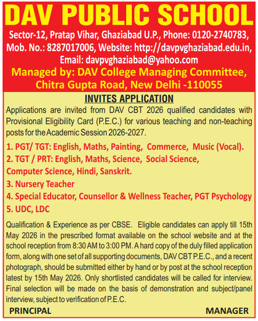 PRT and Non-Teaching Vacancies at DAV Public School Pratap Vihar Ghaziabad 2026