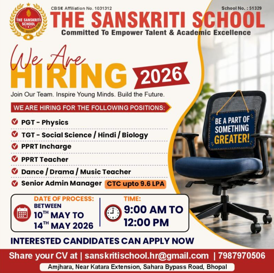 PPRT and Admin Vacancies at The Sanskriti School Bhopal 2026