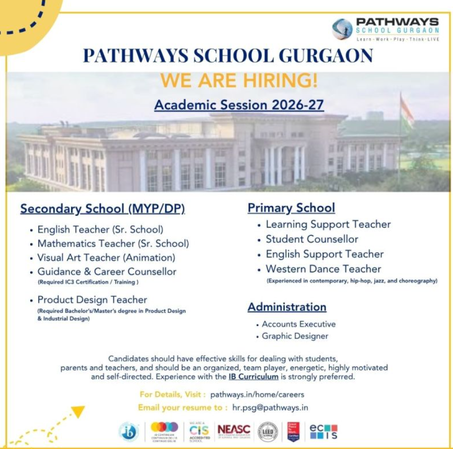 IB School Teacher and Staff Vacancies at Pathways School Gurgaon 2026