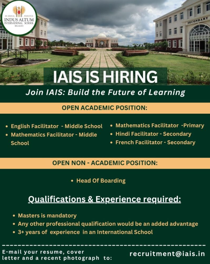Facilitator and Boarding Head Vacancies at Indus Altum International School Belagavi 2026