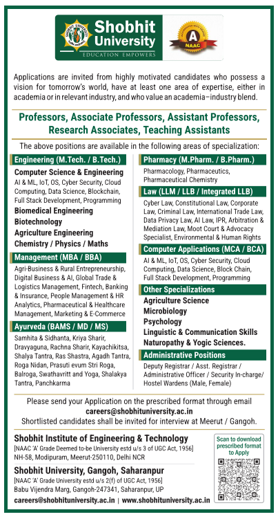 Associate Professor and Assistant Professor Vacancies at Shobhit University