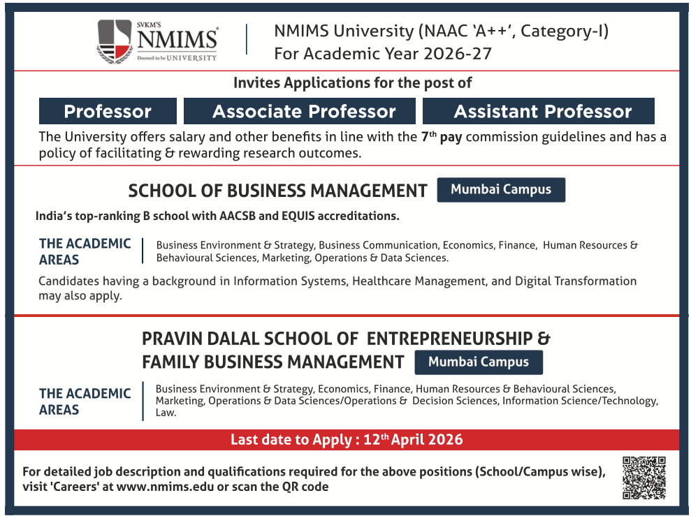 Associate Professor and Assistant Professor Vacancies at NMIMS University