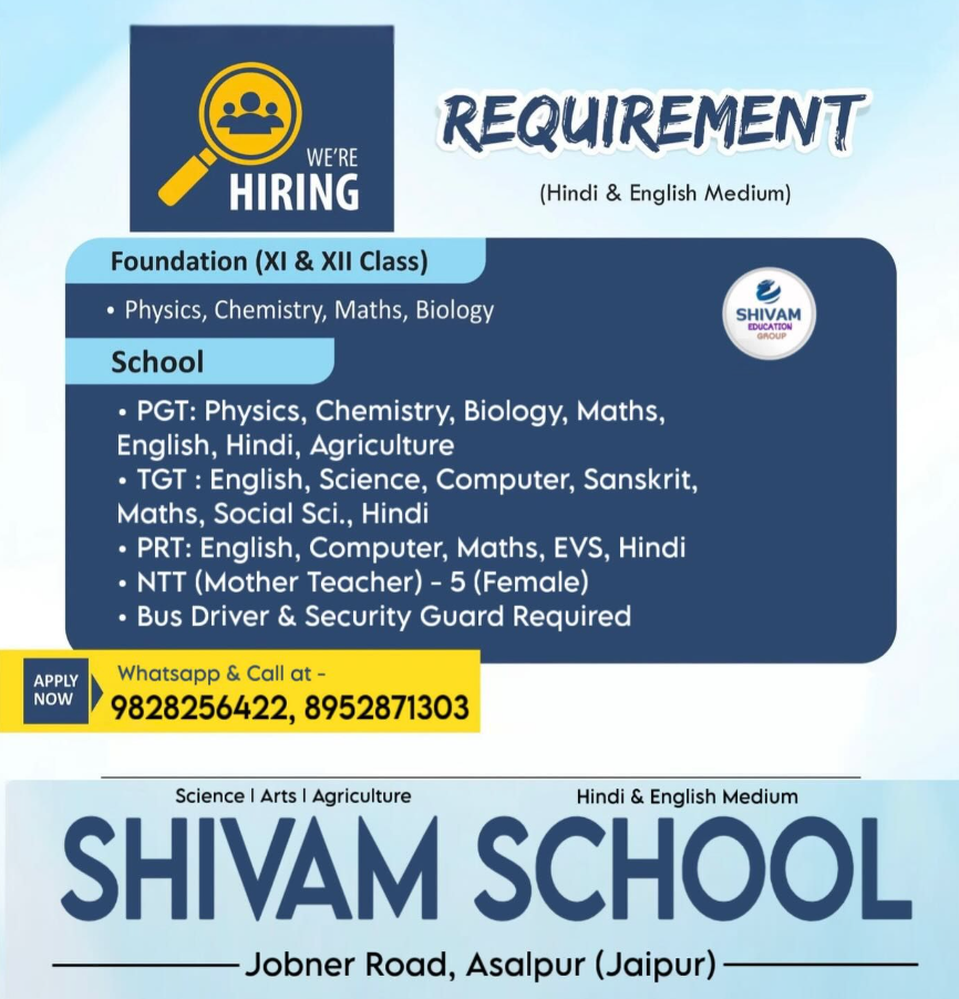 PRT and NTT Vacancies at Shivam School Asalpur