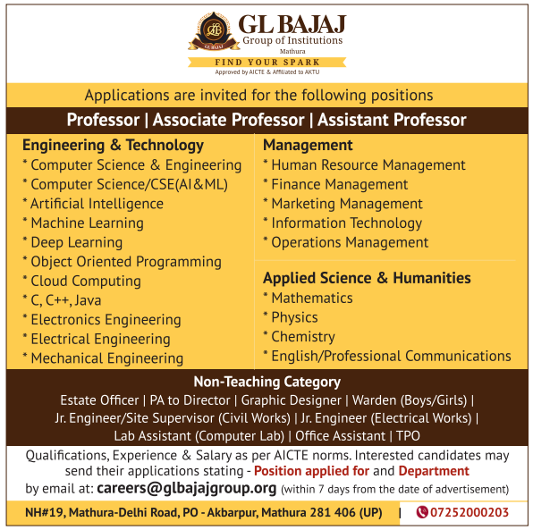 Associate Professor and Assistant Professor Vacancies at GL Bajaj Group of Institutions