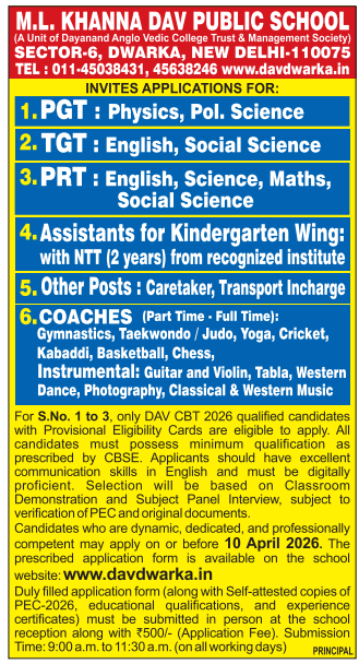 PRT and Coaching Vacancies at M.L. Khanna DAV Public School