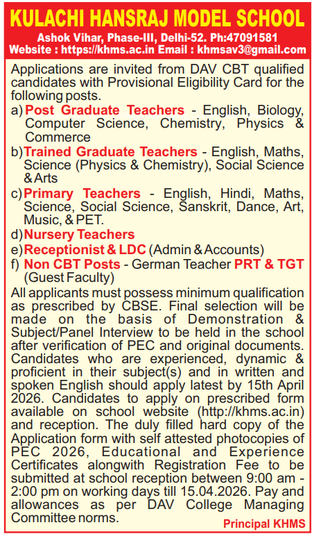 PRT and Nursery Teacher Vacancies at Kulachi Hansraj Model School