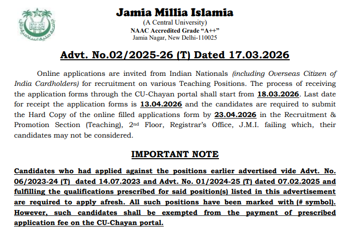 Associate and Assistant Professor Vacancies at Jamia Millia Islamia New Delhi 202