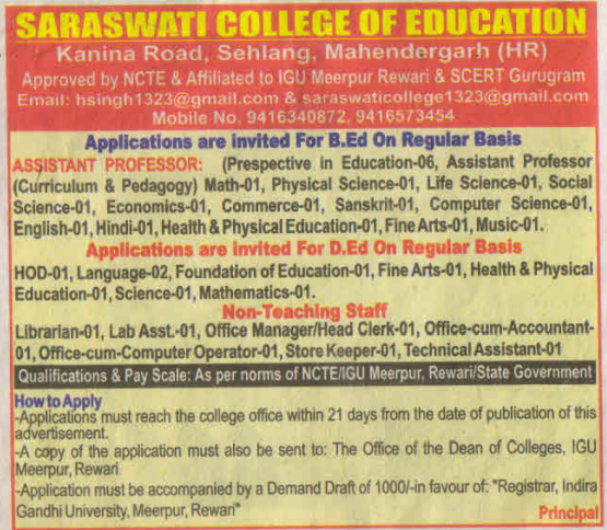 Assistant Professor and Non-Teaching Vacancies at Saraswati College of Education Mahendragarh
